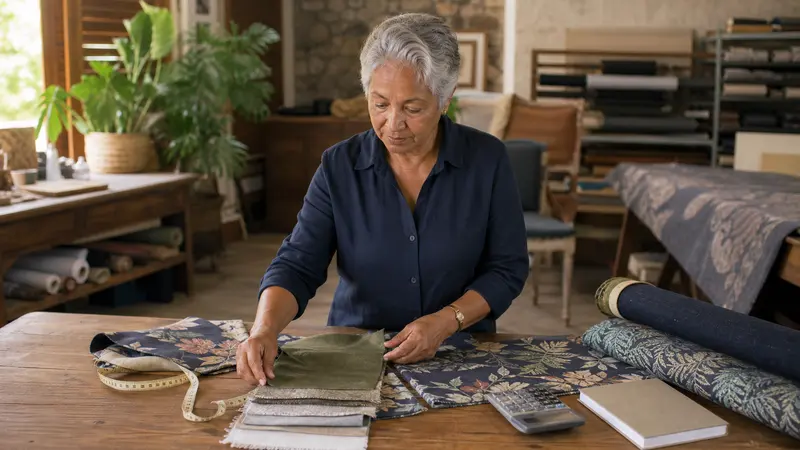 Indépendante senior préparant une mission dans son atelier avec échantillons, mètre et calculatrice