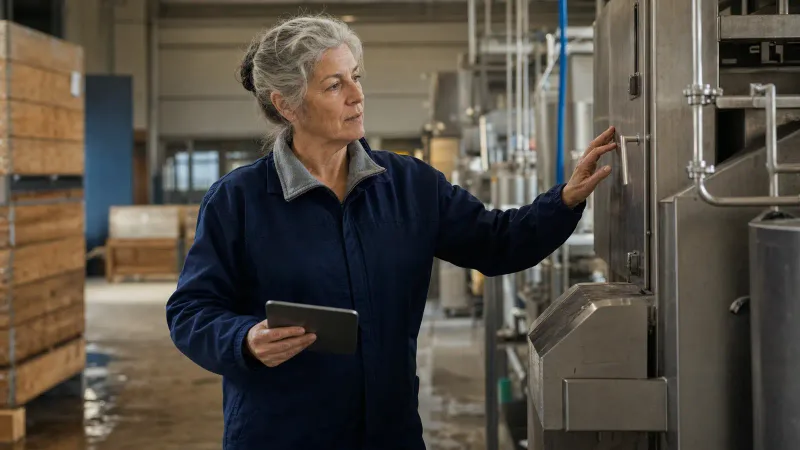 Professionnelle expérimentée inspectant une machine dans un atelier de production avec une tablette sans contenu visible.