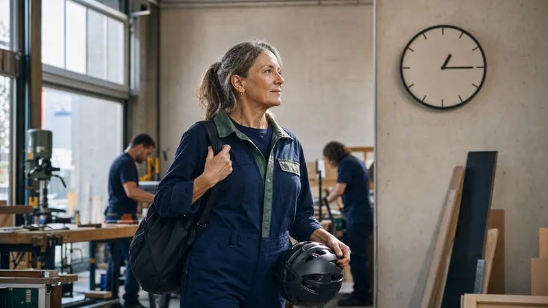 Professionnelle expérimentée quittant son atelier après une journée de travail à temps réduit