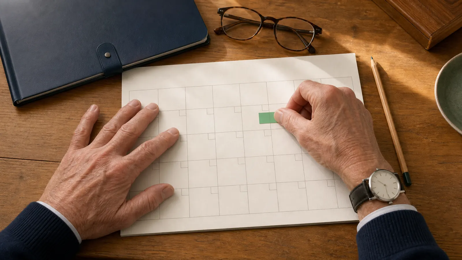 Mains d’un professionnel senior plaçant un repère vert sur la date choisie dans un calendrier de retraite